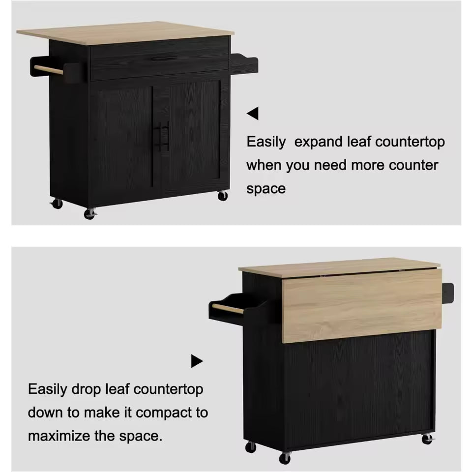 Rolling Kitchen Island Table on Wheels with Drop Leaf, Trolley Drawer, Storage Cabinet, Spice/Towel Rack, Free Shipping
