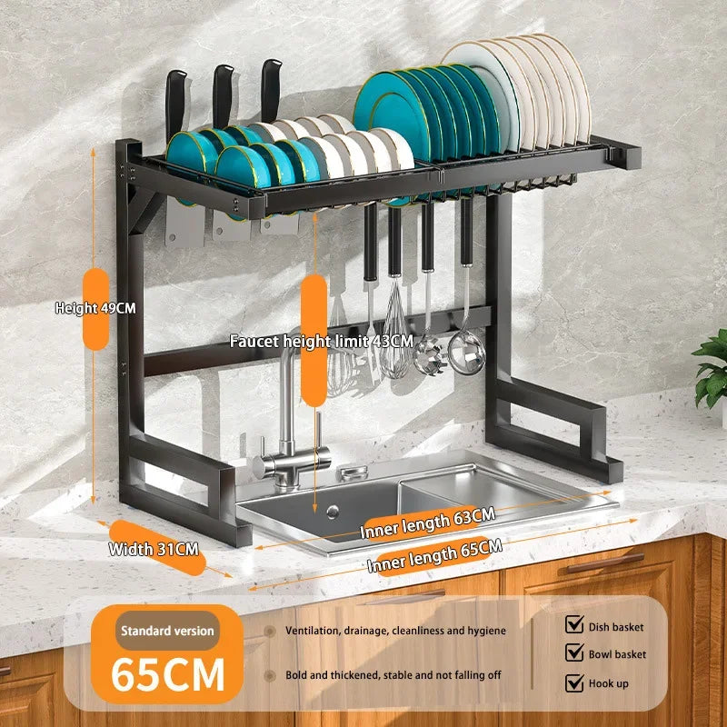 Kitchen Dish Drainer Organizing Shelf Dishwashing Sponge Holder Steel Accessories Countertop Storage Rack Pot Stand Knife Basket