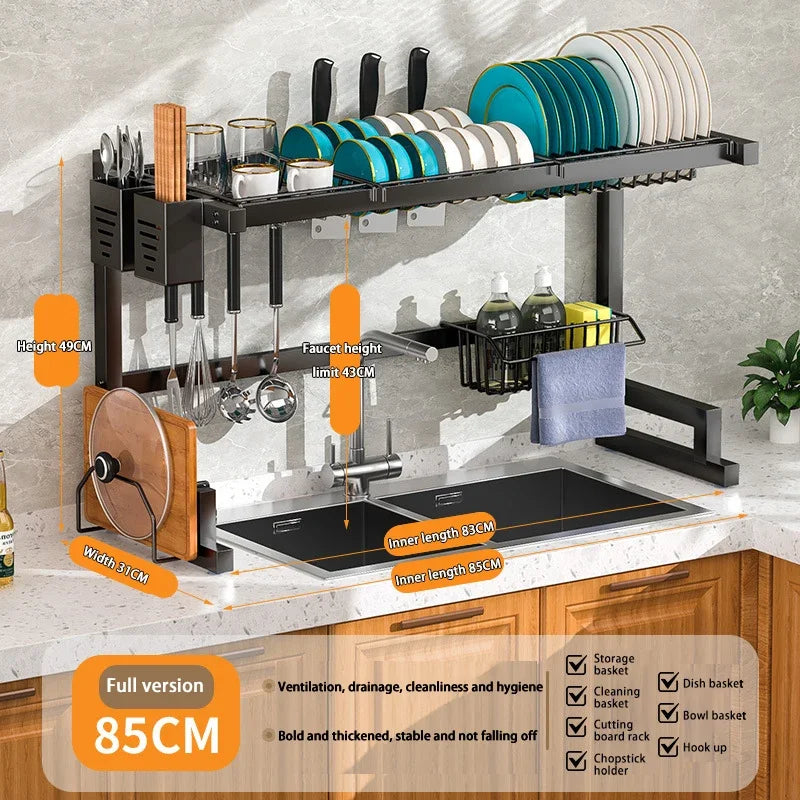 Kitchen Dish Drainer Organizing Shelf Dishwashing Sponge Holder Steel Accessories Countertop Storage Rack Pot Stand Knife Basket