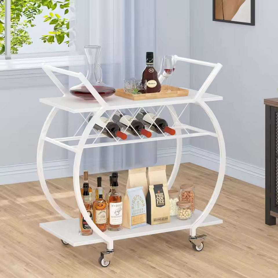 White Wine Cart with Wheels, Modern Bar Cart with Wine Rack, Industrial Beverage Rolling Kitchen Serving Cart with Storage,