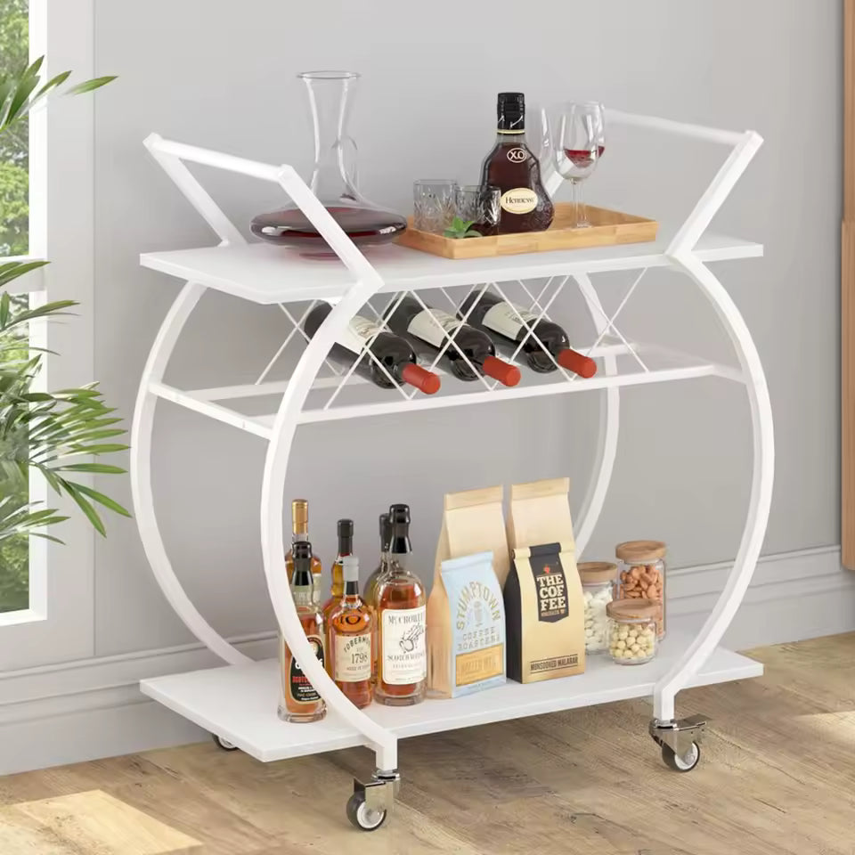 White Wine Cart with Wheels, Modern Bar Cart with Wine Rack, Industrial Beverage Rolling Kitchen Serving Cart with Storage,