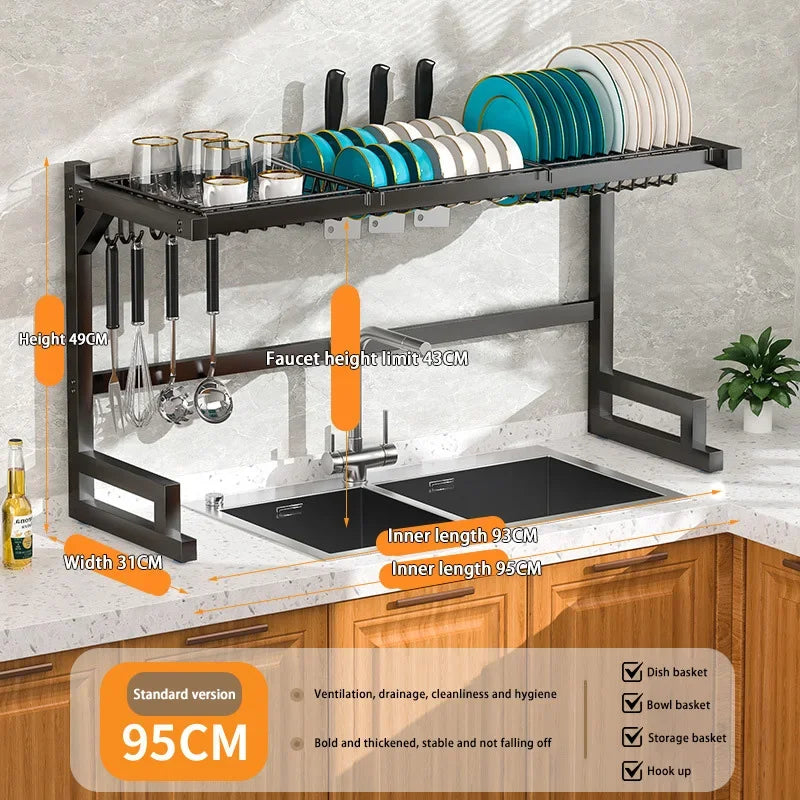 Kitchen Dish Drainer Organizing Shelf Dishwashing Sponge Holder Steel Accessories Countertop Storage Rack Pot Stand Knife Basket