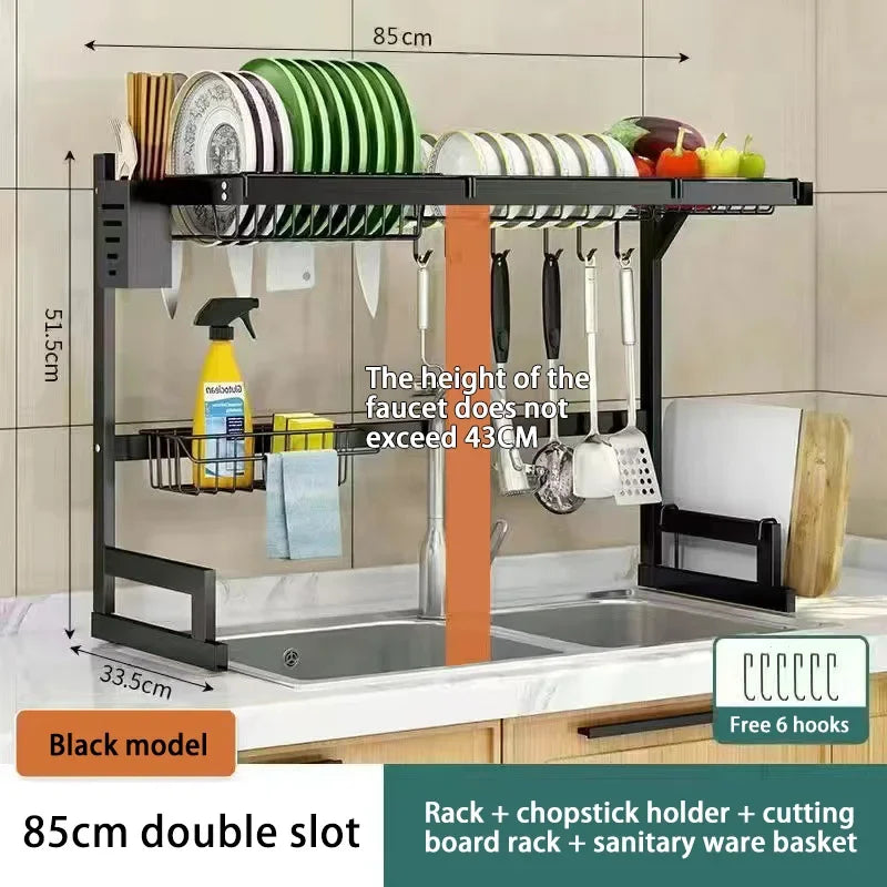 Kitchen Dish Drainer Organizing Shelf Dishwashing Sponge Holder Steel Accessories Countertop Storage Rack Pot Stand Knife Basket