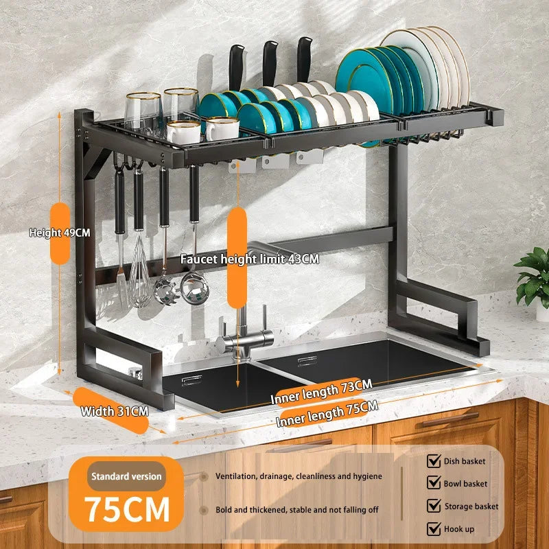 Kitchen Dish Drainer Organizing Shelf Dishwashing Sponge Holder Steel Accessories Countertop Storage Rack Pot Stand Knife Basket
