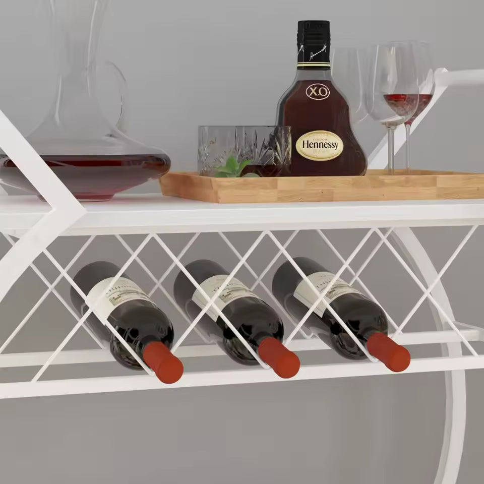 White Wine Cart with Wheels, Modern Bar Cart with Wine Rack, Industrial Beverage Rolling Kitchen Serving Cart with Storage,