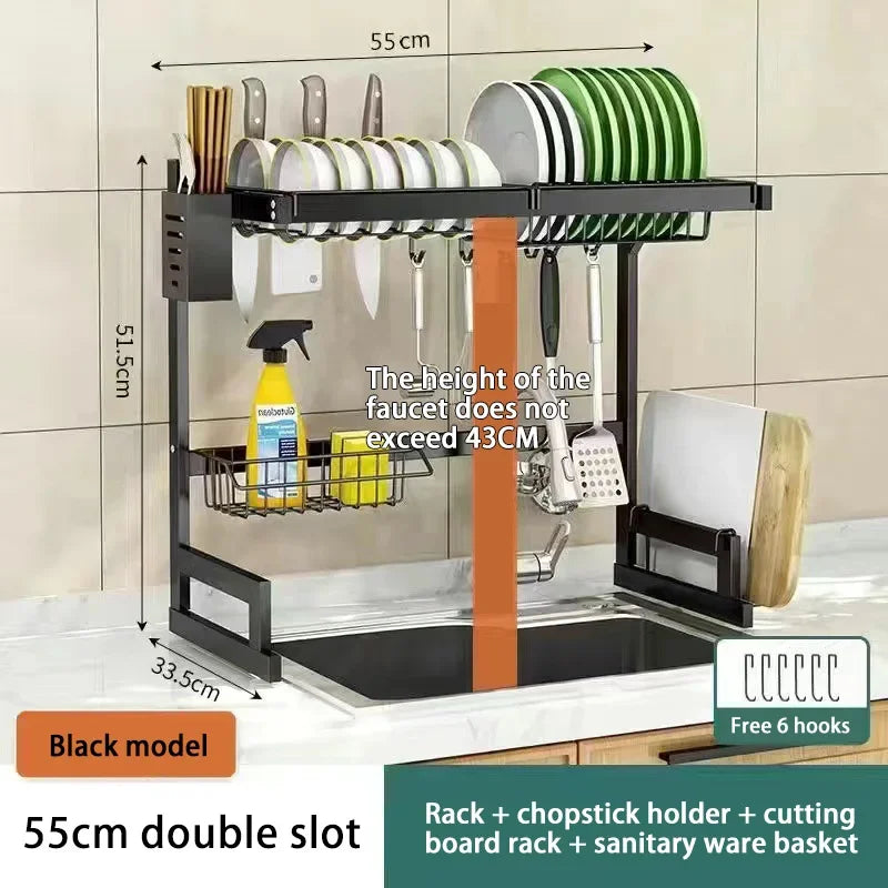 Kitchen Dish Drainer Organizing Shelf Dishwashing Sponge Holder Steel Accessories Countertop Storage Rack Pot Stand Knife Basket