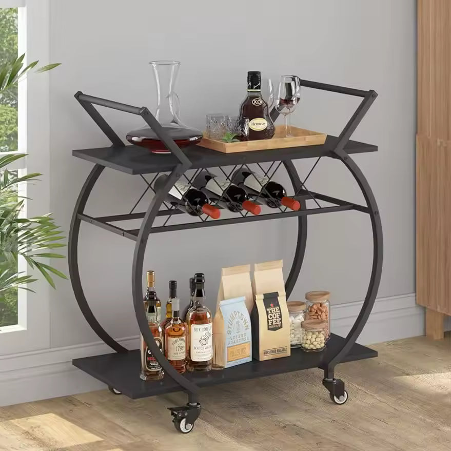 White Wine Cart with Wheels, Modern Bar Cart with Wine Rack, Industrial Beverage Rolling Kitchen Serving Cart with Storage,