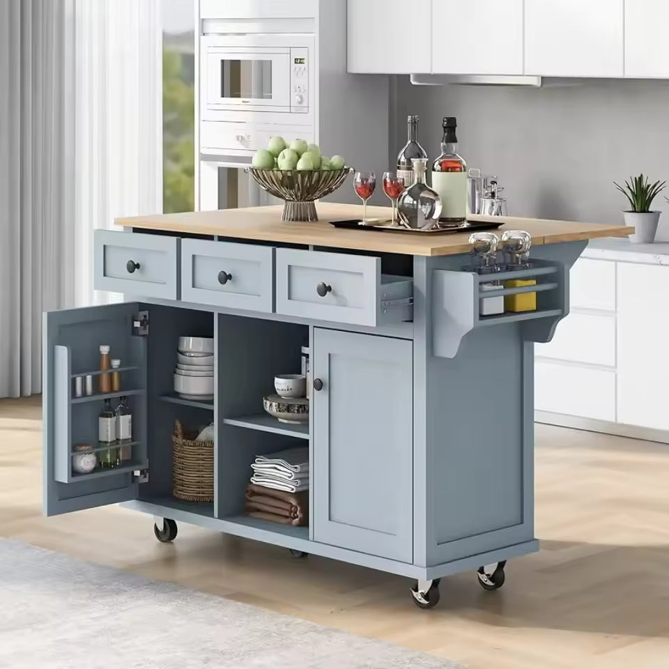 Kitchen Carts on Wheels With Rubber Wood Drop-Leaf Countertop Trolley Mobile Kitchen Islands With Storage BlueFreight Free Home