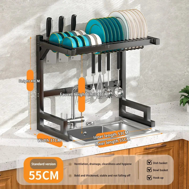 Kitchen Dish Drainer Organizing Shelf Dishwashing Sponge Holder Steel Accessories Countertop Storage Rack Pot Stand Knife Basket