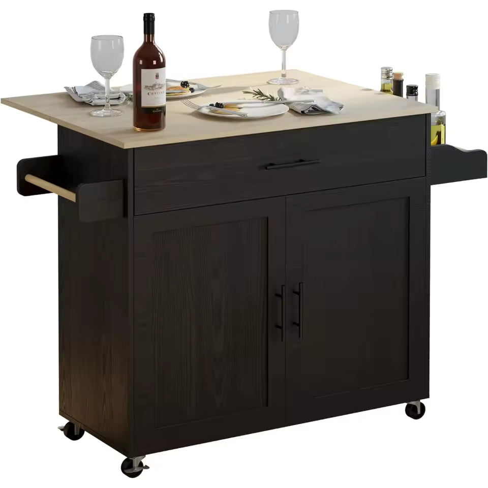 Rolling Kitchen Island Table on Wheels with Drop Leaf, Trolley Drawer, Storage Cabinet, Spice/Towel Rack, Free Shipping