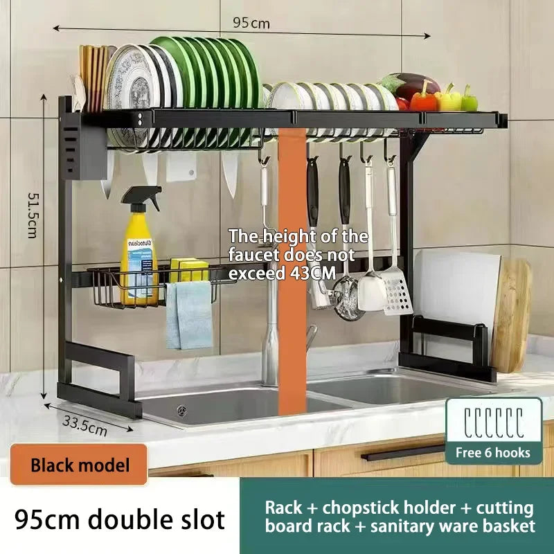 Kitchen Dish Drainer Organizing Shelf Dishwashing Sponge Holder Steel Accessories Countertop Storage Rack Pot Stand Knife Basket