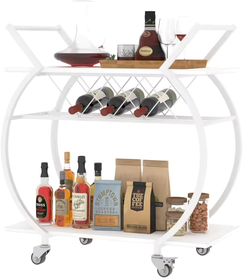 White Wine Cart with Wheels, Modern Bar Cart with Wine Rack, Industrial Beverage Rolling Kitchen Serving Cart with Storage,
