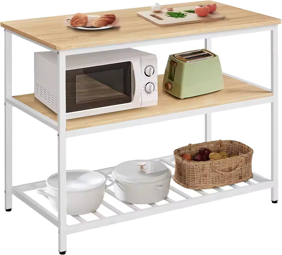 Kitchen Island with 3 Shelves, 47.2 Inches, Large Worktop, Free Shipping, Stable Steel Structure, Easy to Assemble