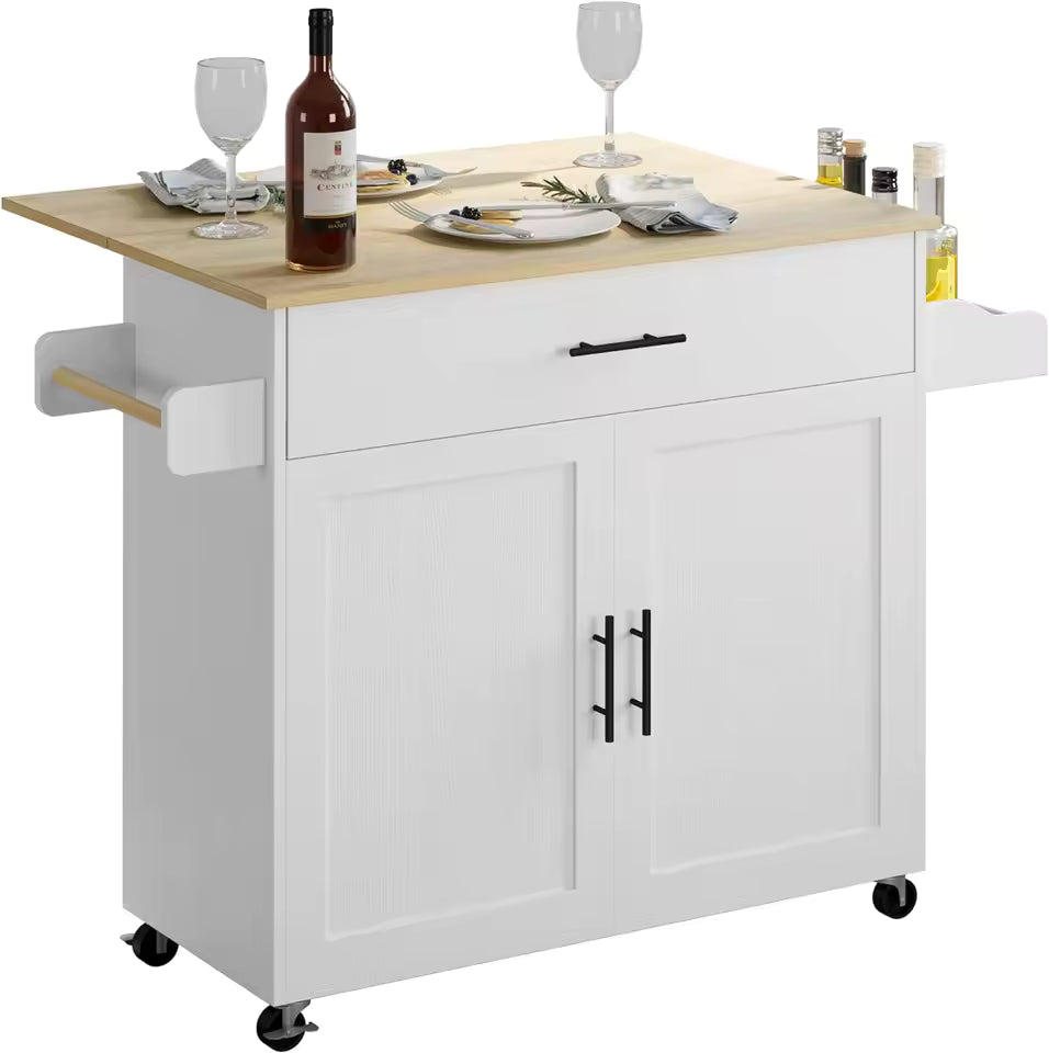 Rolling Kitchen Island Table on Wheels with Drop Leaf, Trolley Drawer, Storage Cabinet, Spice/Towel Rack, Free Shipping