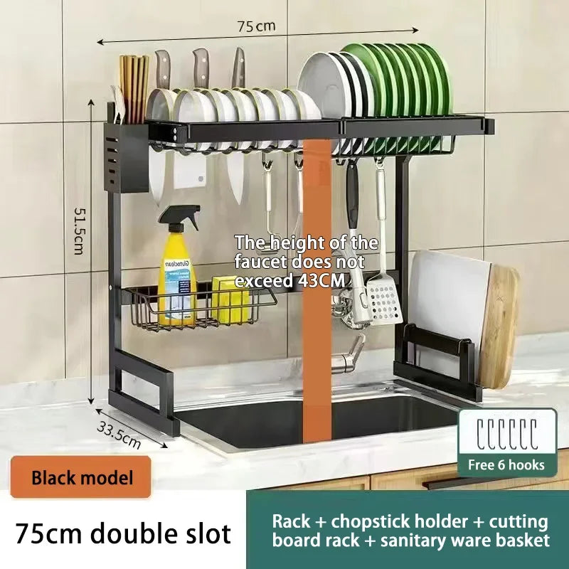 Kitchen Dish Drainer Organizing Shelf Dishwashing Sponge Holder Steel Accessories Countertop Storage Rack Pot Stand Knife Basket
