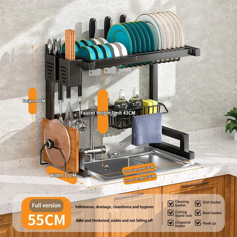 Kitchen Dish Drainer Organizing Shelf Dishwashing Sponge Holder Steel Accessories Countertop Storage Rack Pot Stand Knife Basket