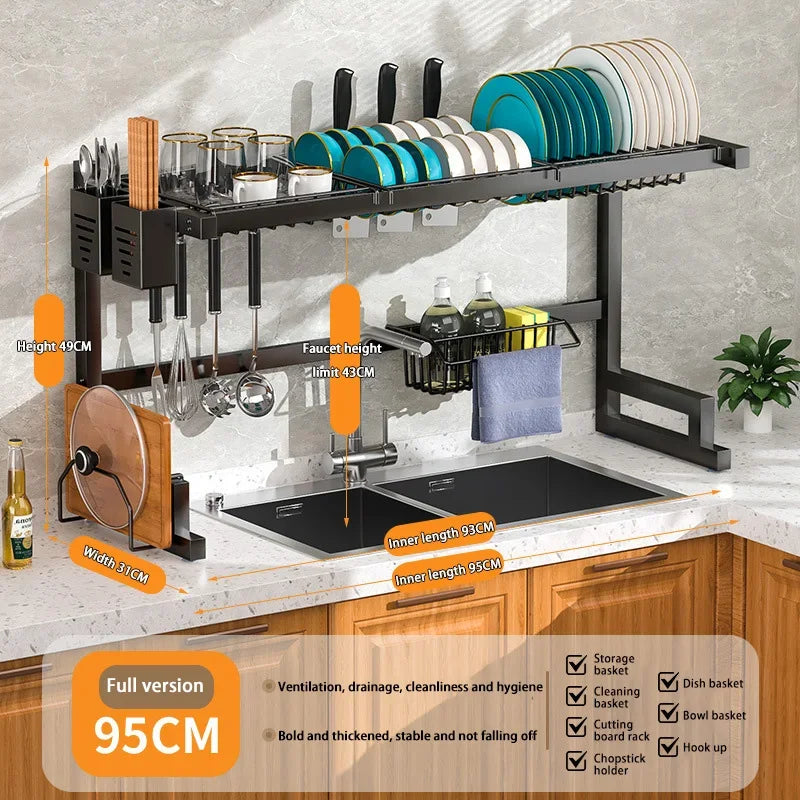 Kitchen Dish Drainer Organizing Shelf Dishwashing Sponge Holder Steel Accessories Countertop Storage Rack Pot Stand Knife Basket