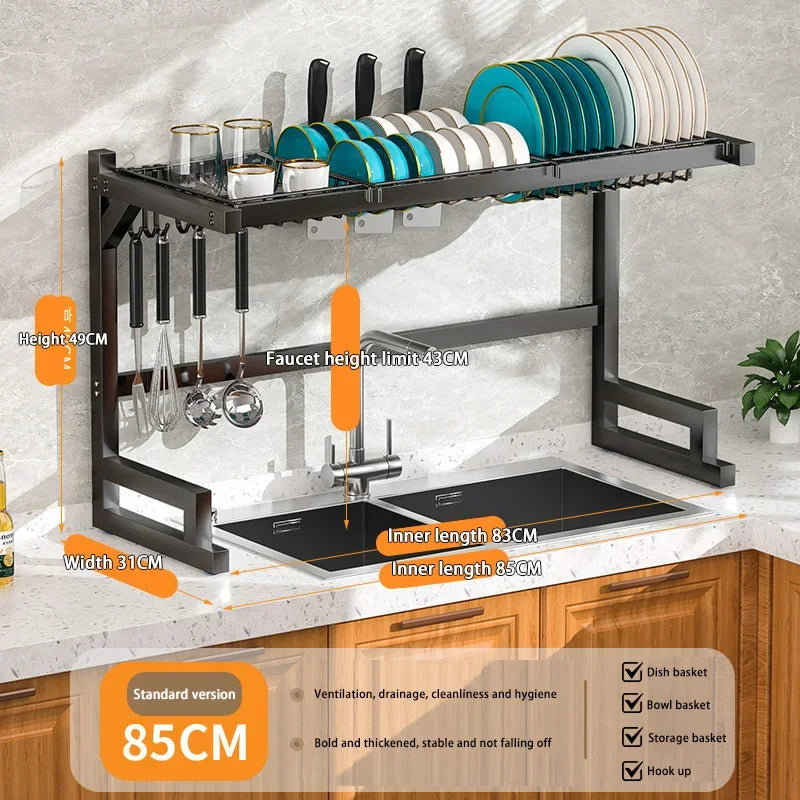 Kitchen Dish Drainer Organizing Shelf Dishwashing Sponge Holder Steel Accessories Countertop Storage Rack Pot Stand Knife Basket