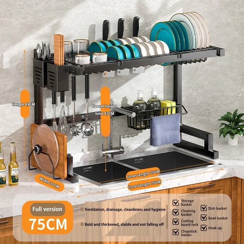 Kitchen Dish Drainer Organizing Shelf Dishwashing Sponge Holder Steel Accessories Countertop Storage Rack Pot Stand Knife Basket