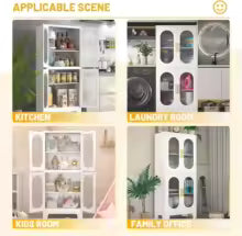 White Metal Storage Cabinet, Kitchen Storage Cabinets, Pantry Cabinets with Doors and 3 Shelves(2 Adjustable), Floor Storage