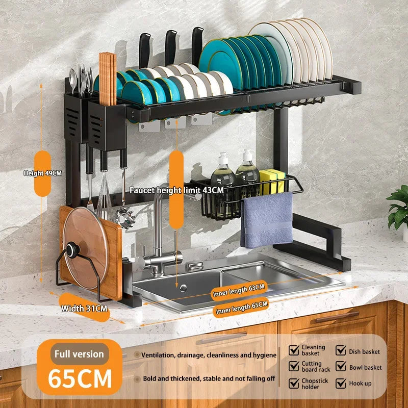 Kitchen Dish Drainer Organizing Shelf Dishwashing Sponge Holder Steel Accessories Countertop Storage Rack Pot Stand Knife Basket